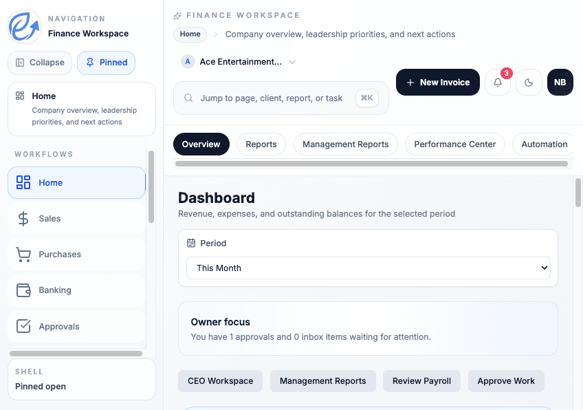 Eazyle production suite workspace with finance-connected operating visibility